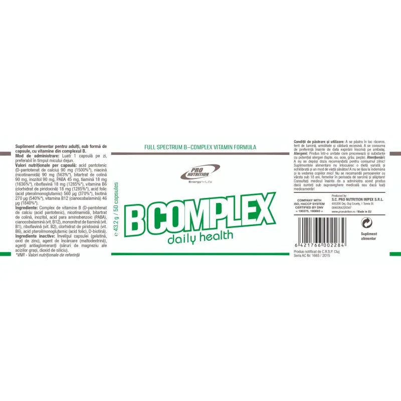 Ingrijire personala si Cosmetice - Sanatate si wellness - Suplimente alimentare - Vitamine si minerale - B-Complex, Supliment alimentar cu vitamine din complexul B, 50 capsule - Infinity.ro