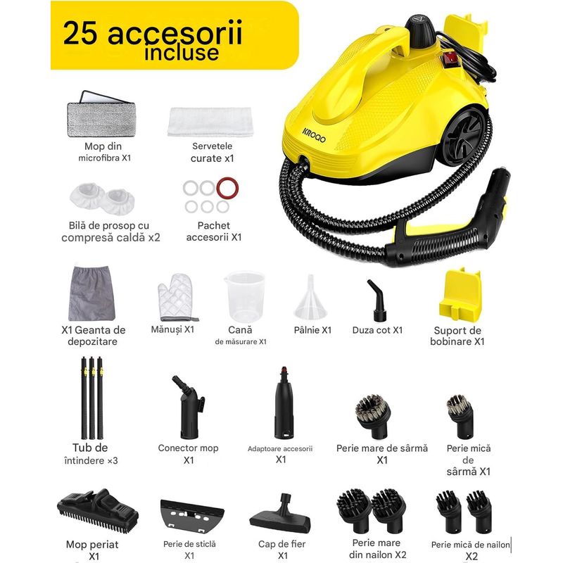 Electronice si Electrocasnice - Ingrijirea locuintei - Mopuri electrice - Aparat curatare cu abur, 23 accesorii, cablu 5 m, pentru suprafete, covoare si tapiterie, culoare galben - Infinity.ro