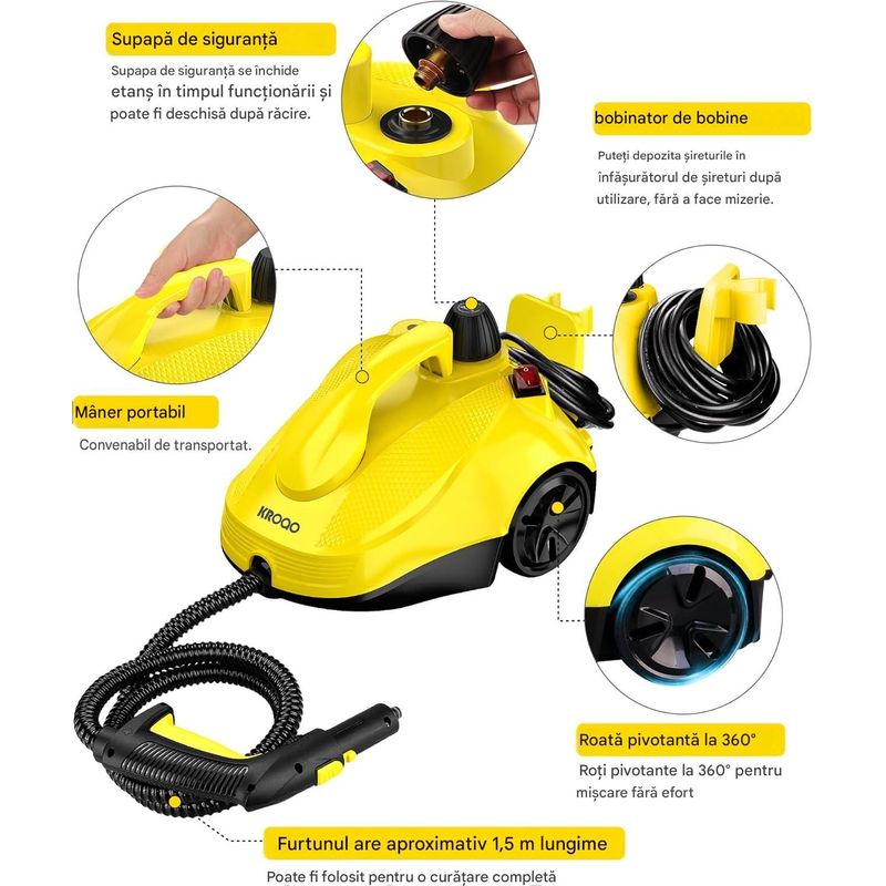 Electronice si Electrocasnice - Ingrijirea locuintei - Mopuri electrice - Aparat curatare cu abur, 23 accesorii, cablu 5 m, pentru suprafete, covoare si tapiterie, culoare galben - Infinity.ro