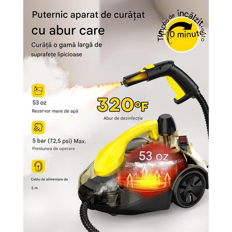 Electronice si Electrocasnice - Ingrijirea locuintei - Mopuri electrice - Aparat curatare cu abur, 23 accesorii, cablu 5 m, pentru suprafete, covoare si tapiterie, culoare galben - Infinity.ro