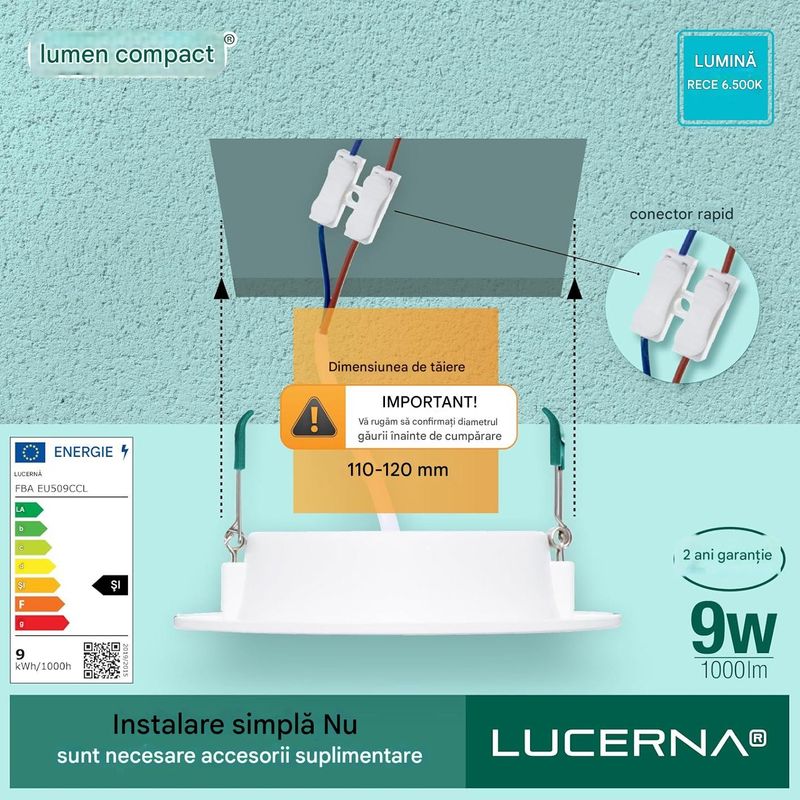 Casa si Gradina - Corpuri si surse de iluminat - Plafoniere, aplice si spoturi - Spoturi LED incastrate, 230 V, 6500 K, 9W, 14.5x14.5 cm, set 6 bucati - Infinity.ro