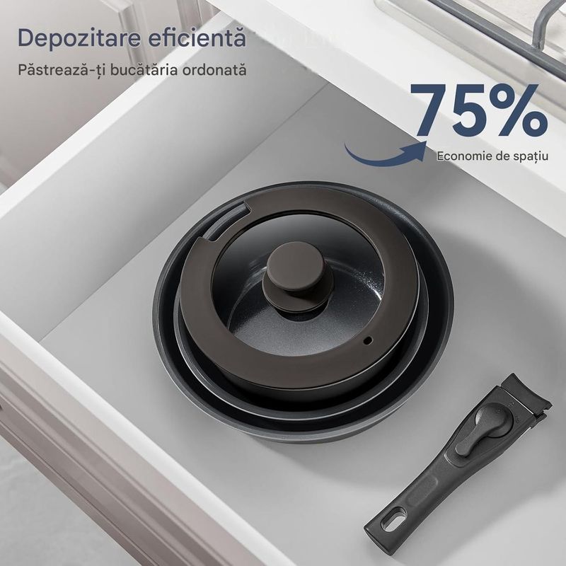Casa si Gradina - Bucatarie si vesela - Ustensile bucatarie - Seturi ustensile de bucatarie - Set 9 piese oale cu maner detasabil, ceramica antiaderenta Inductie & cuptor, negre - Infinity.ro
