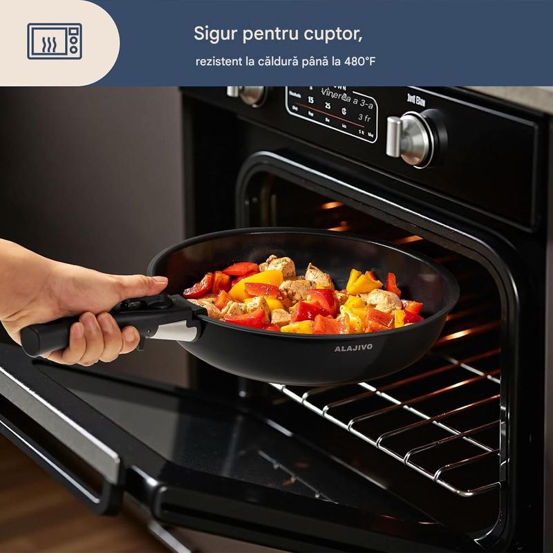 Casa si Gradina - Bucatarie si vesela - Ustensile bucatarie - Seturi ustensile de bucatarie - Set 9 piese oale cu maner detasabil, ceramica antiaderenta Inductie & cuptor, negre - Infinity.ro