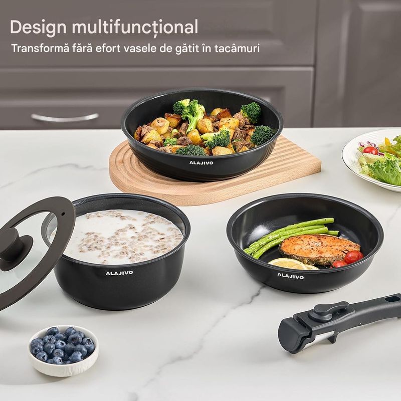 Casa si Gradina - Bucatarie si vesela - Ustensile bucatarie - Seturi ustensile de bucatarie - Set 9 piese oale cu maner detasabil, ceramica antiaderenta Inductie & cuptor, negre - Infinity.ro