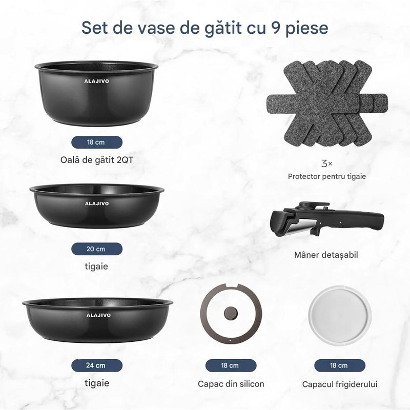 Casa si Gradina - Bucatarie si vesela - Ustensile bucatarie - Seturi ustensile de bucatarie - Set 9 piese oale cu maner detasabil, ceramica antiaderenta Inductie & cuptor, negre - Infinity.ro