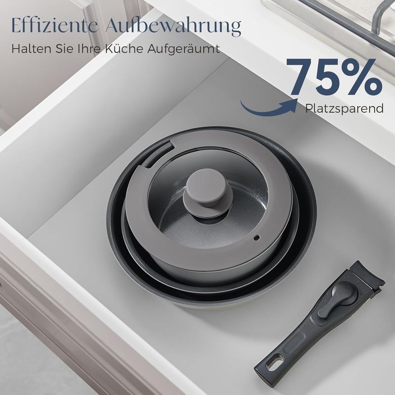 Casa si Gradina - Bucatarie si vesela - Ustensile bucatarie - Seturi ustensile de bucatarie - Set 9 piese oale cu maner detasabil, ceramica antiaderenta Inductie & cuptor, gri - Infinity.ro