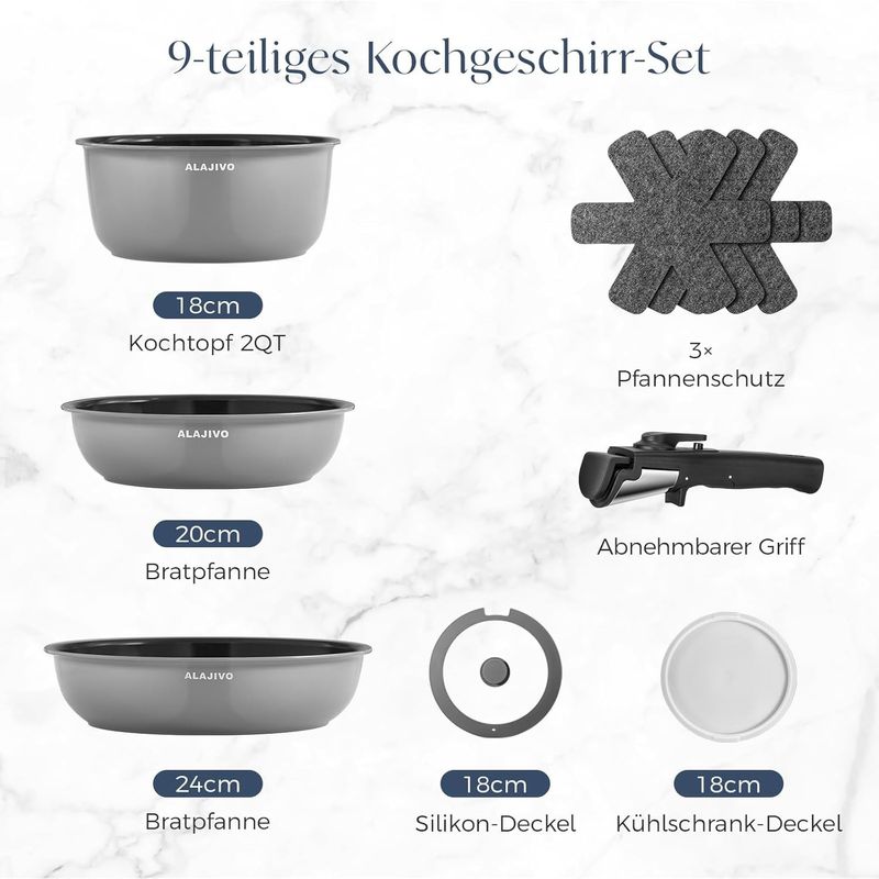 Casa si Gradina - Bucatarie si vesela - Ustensile bucatarie - Seturi ustensile de bucatarie - Set 9 piese oale cu maner detasabil, ceramica antiaderenta Inductie & cuptor, gri - Infinity.ro