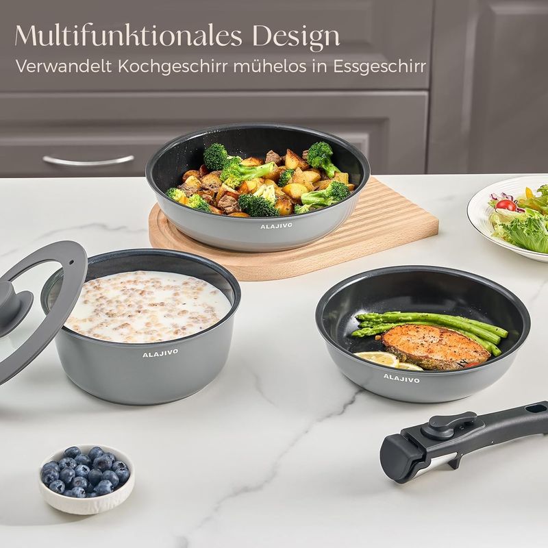 Casa si Gradina - Bucatarie si vesela - Ustensile bucatarie - Seturi ustensile de bucatarie - Set 9 piese oale cu maner detasabil, ceramica antiaderenta Inductie & cuptor, gri - Infinity.ro