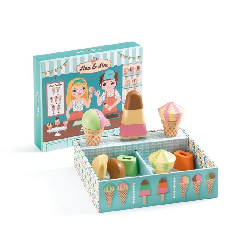 Jucarii, Copii si Bebe - Jucarii si jocuri - Jucarii de rol - Set joaca supermarket - Joc de rol din lemn Gelateria Lina & Lino, Djeco - Infinity.ro