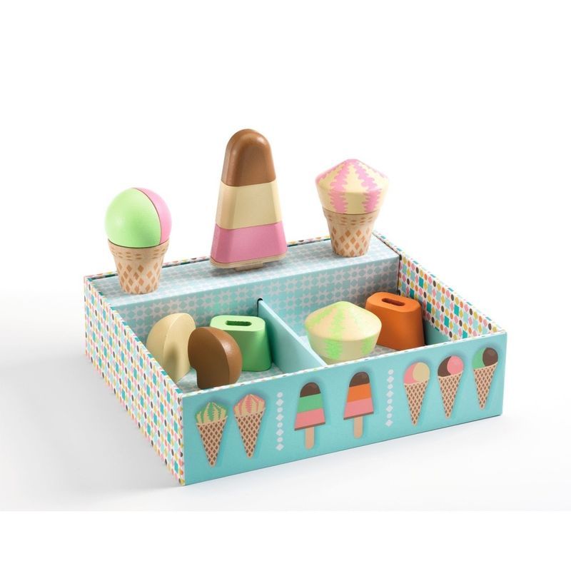 Jucarii, Copii si Bebe - Jucarii si jocuri - Jucarii de rol - Set joaca supermarket - Joc de rol din lemn Gelateria Lina & Lino, Djeco - Infinity.ro