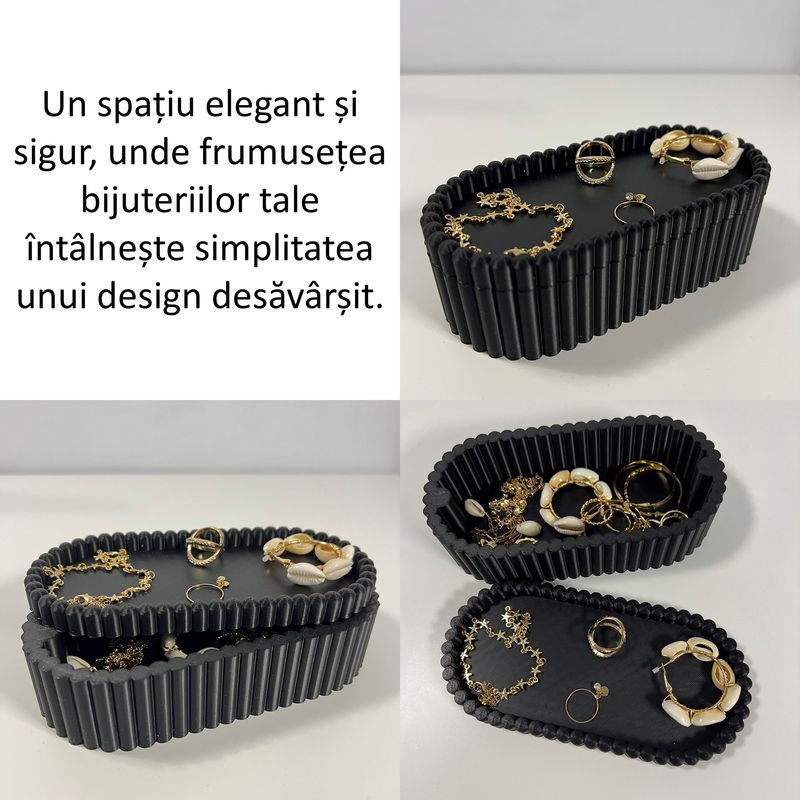 Fashion, accesorii si bijuterii - Femei - Bijuterii femei - Cutii bijuterii - Cutiuta bijuterii, Capac magnetic, 17.5 X 8.5 X 5 cm, Multifunctionala, Negru, imprimat 3D din PLA (Bioplastic) - Infinity.ro