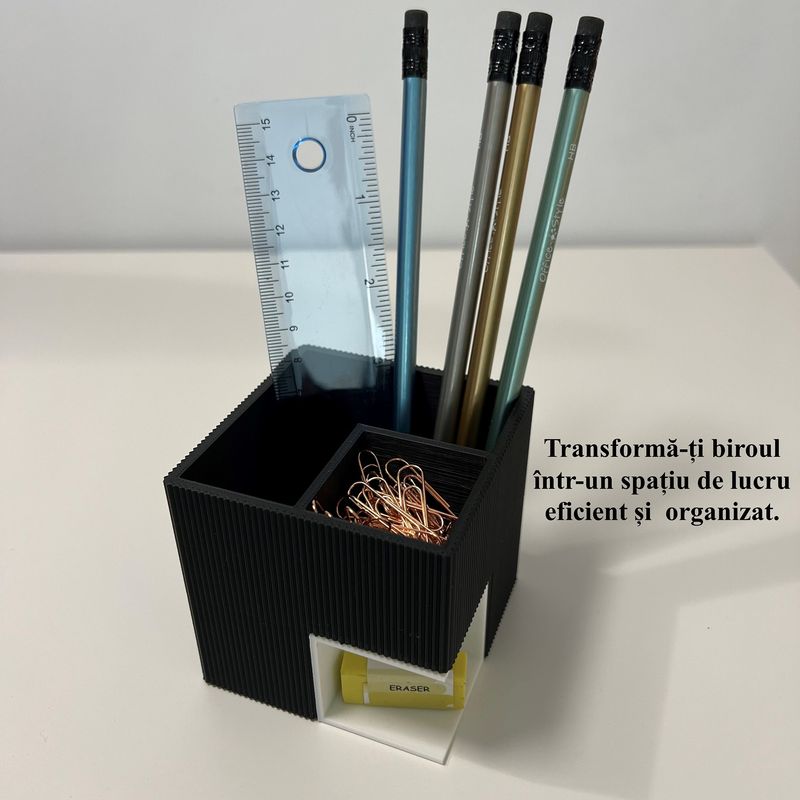 Carti si Birotica - Birotica - Accesorii de birou - Suporturi accesorii birou - Suport articole birou 2 in 1, Multifunctional, Alb/Negru, 8cm, imprimat 3D din PLA (Bioplastic) - Infinity.ro