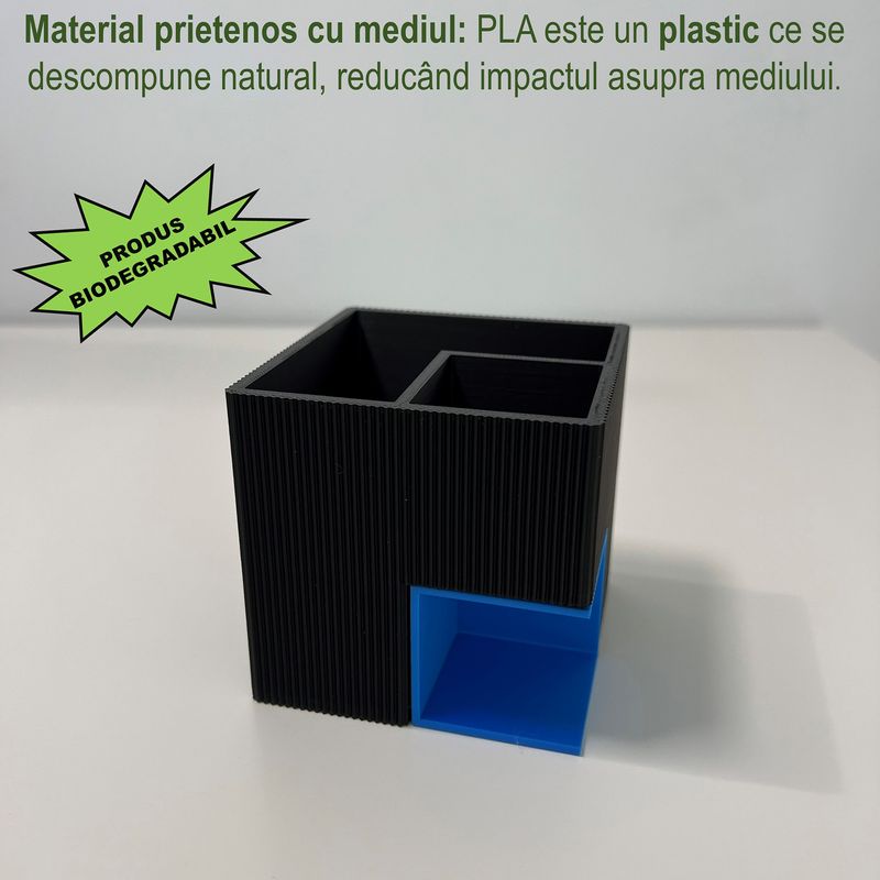 Carti si Birotica - Birotica - Accesorii de birou - Suporturi accesorii birou - Suport articole birou 2 in 1, Multifunctional, Albastru/Negru, 8 CM, imprimat 3D din PLA (Bioplastic) - Infinity.ro