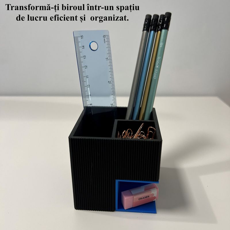 Carti si Birotica - Birotica - Accesorii de birou - Suporturi accesorii birou - Suport articole birou 2 in 1, Multifunctional, Albastru/Negru, 8 CM, imprimat 3D din PLA (Bioplastic) - Infinity.ro