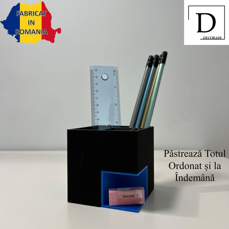Carti si Birotica - Birotica - Accesorii de birou - Suporturi accesorii birou - Suport articole birou 2 in 1, Multifunctional, Albastru/Negru, 8 CM, imprimat 3D din PLA (Bioplastic) - Infinity.ro