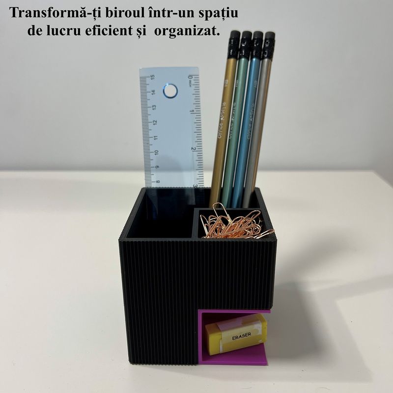 Carti si Birotica - Birotica - Accesorii de birou - Suporturi accesorii birou - Suport articole birou 2 in 1, Multifunctional, Mov/Negru, 8 CM, imprimat 3D din PLA (Bioplastic), - Infinity.ro