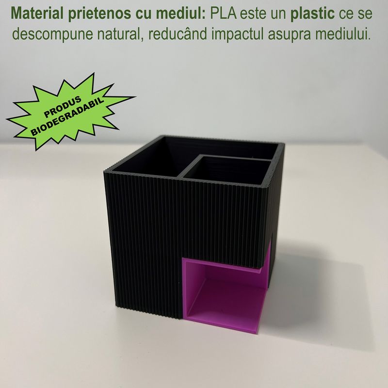 Carti si Birotica - Birotica - Accesorii de birou - Suporturi accesorii birou - Suport articole birou 2 in 1, Multifunctional, Mov/Negru, 8 CM, imprimat 3D din PLA (Bioplastic), - Infinity.ro