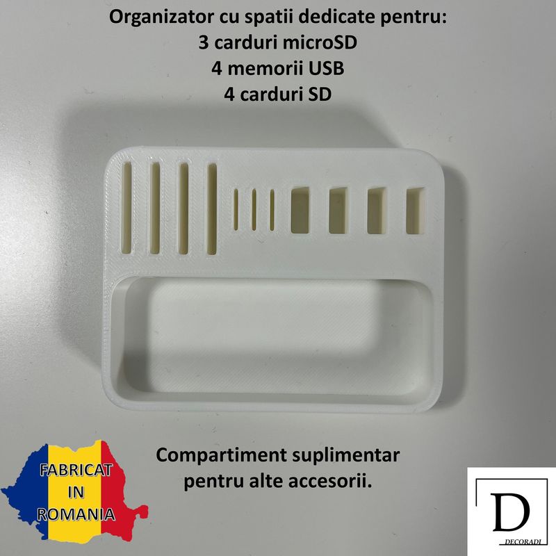 Carti si Birotica - Birotica - Accesorii de birou - Suporturi accesorii birou - Organizator 4 Memorii USB, 4 Carduri SD, 3 Carduri MicroSD + Minitavita, Multifunctional, Alb, 9 X 7 cm - Infinity.ro
