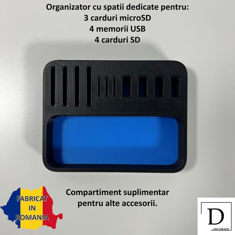 Carti si Birotica - Birotica - Accesorii de birou - Suporturi accesorii birou - Organizator 4 Memorii USB, 4 Carduri SD, 3 Carduri MicroSD + Minitavita, Multifunctional, Albastru/Negru, 9 X 7 cm - Infinity.ro