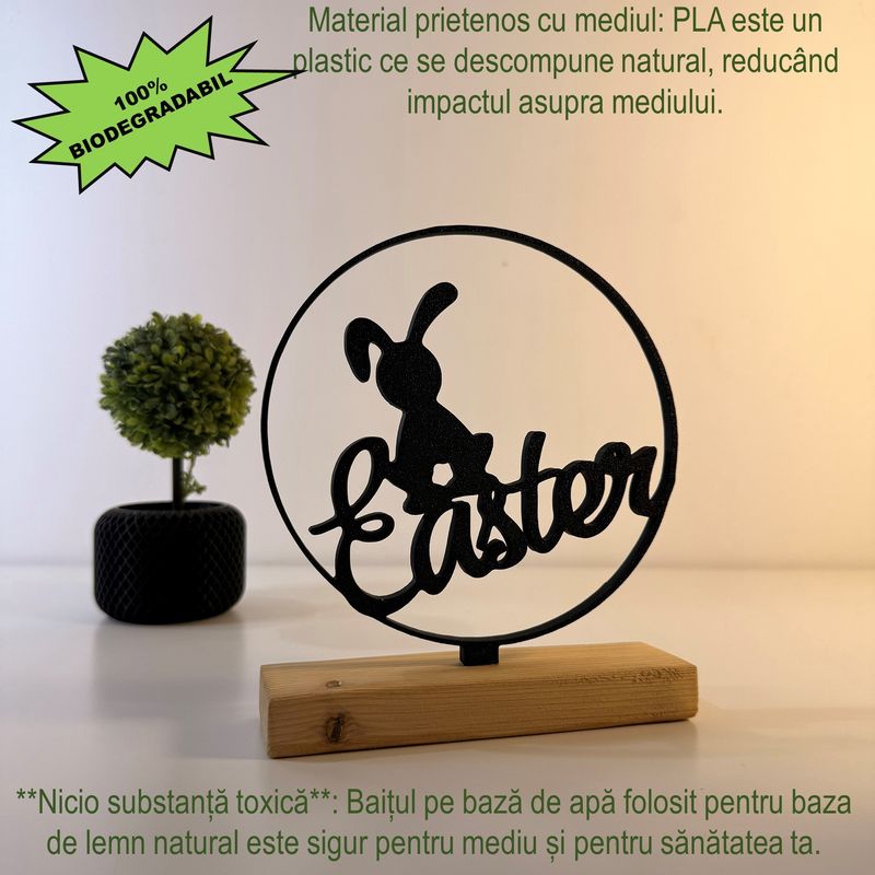 Casa si Gradina - Decoratiuni - Obiecte decorative - Accesorii decorative - Decoratiune de Paste, Iepuras, Eco-friendly, Baza din Lemn Natural, Negru, 16.5 cm - Infinity.ro