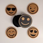 Casa si Gradina - Bucatarie si vesela - Accesorii bar - Suporturi bauturi - Set 4 suporturi / coastere pahare, Emoji, rotund, diametru 9 cm, Negru / Auriu, cutie inclusa, imprimate 3D - Infinity.ro