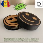 Casa si Gradina - Bucatarie si vesela - Accesorii bar - Suporturi bauturi - Set 4 suporturi / coastere pahare, Emoji, rotund, diametru 9 cm, Negru / Auriu, cutie inclusa, imprimate 3D - Infinity.ro
