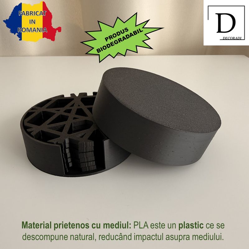 Casa si Gradina - Bucatarie si vesela - Accesorii bar - Suporturi bauturi - Set 6 suporturi / coastere pahare, rotund, diametru 10 cm, negru, cutie inclusa, imprimate 3D - Infinity.ro