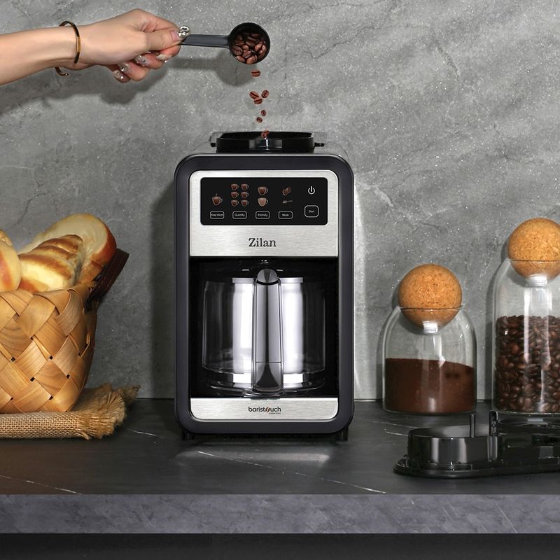 Electronice si Electrocasnice - Electrocasnice bucatarie - Preparare bauturi - Cafetiere - Cafetiera cu rasnita integrata Zilan ZLN9001, Ecran tactil, Capacitate 850 ml ( pana la 6 cesti ), Putere 640W - Infinity.ro
