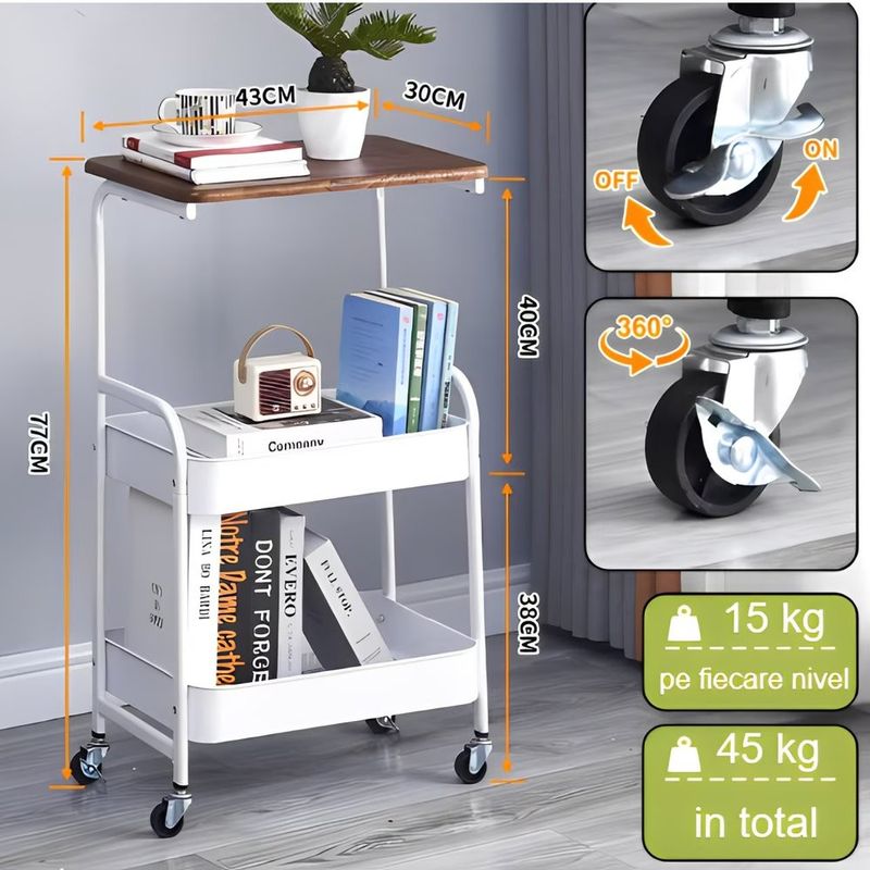Casa si Gradina - Mobilier - Mese si birouri - Mese living - Masuta cu 2 rafturi pentru depozitare, blat din MDF, roti, Herum, Alb/Maro, 43 x 30 x 77 cm - Infinity.ro