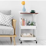 Casa si Gradina - Mobilier - Mese si birouri - Mese living - Masuta cu 2 rafturi pentru depozitare, blat din MDF, roti, Herum, Alb/Maro, 43 x 30 x 77 cm - Infinity.ro