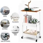 Casa si Gradina - Mobilier - Mese si birouri - Mese living - Masuta cu 2 rafturi pentru depozitare, blat din MDF, roti, Herum, Alb/Maro, 43 x 30 x 77 cm - Infinity.ro