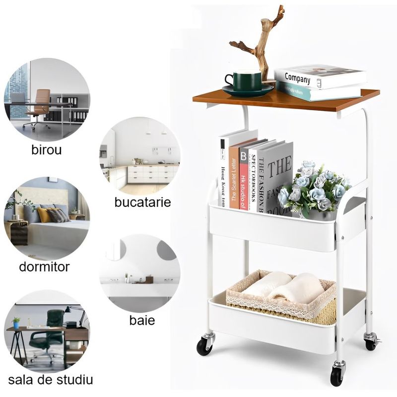 Casa si Gradina - Mobilier - Mese si birouri - Mese living - Masuta cu 2 rafturi pentru depozitare, blat din MDF, roti, Herum, Alb/Maro, 43 x 30 x 77 cm - Infinity.ro