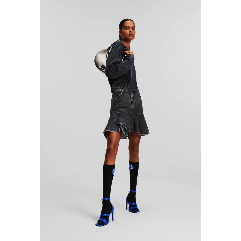 Fashion, accesorii si bijuterii - Femei - Imbracaminte femei - Fuste femei - Fusta mini Karl Lagerfeld Jeans din denim cu volane L INTL Gri inchis - Infinity.ro