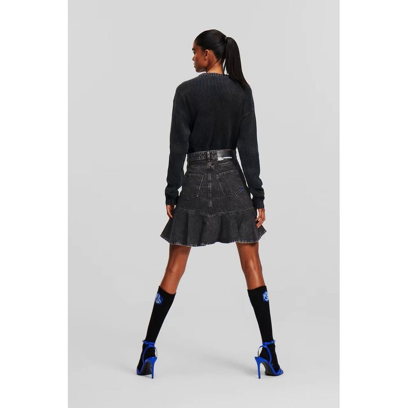 Fashion, accesorii si bijuterii - Femei - Imbracaminte femei - Fuste femei - Fusta mini Karl Lagerfeld Jeans din denim cu volane L INTL Gri inchis - Infinity.ro