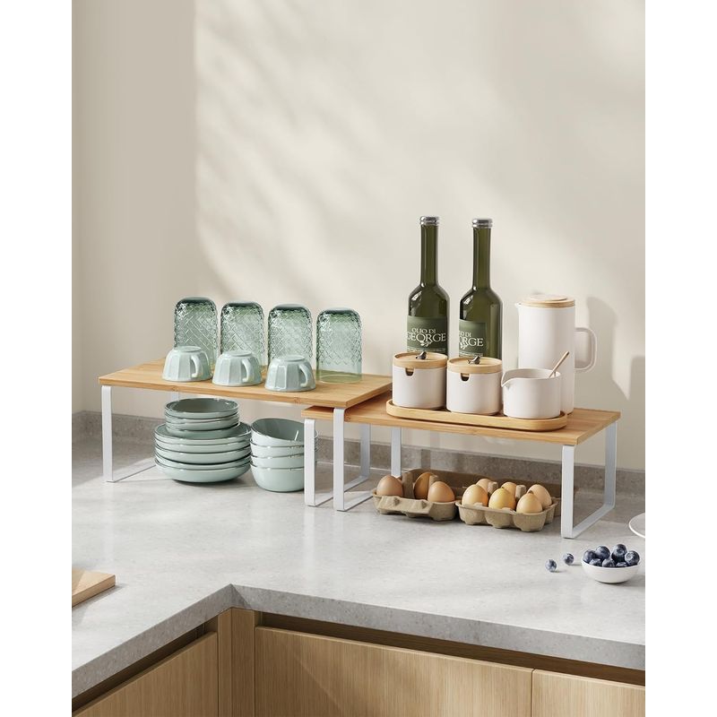 Casa si Gradina - Bucatarie si vesela - Organizare si depozitare bucatarie - Suporturi tacamuri si vase - Raft organizator condimente extensibil set 2 bucati, metal si PAL, suprapozabil, 39x19x15 cm, maro natur - Infinity.ro