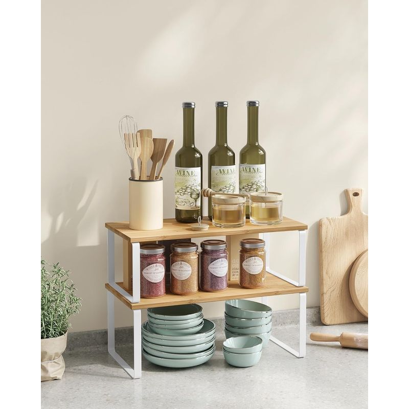 Casa si Gradina - Bucatarie si vesela - Organizare si depozitare bucatarie - Suporturi tacamuri si vase - Raft organizator condimente extensibil set 2 bucati, metal si PAL, suprapozabil, 39x19x15 cm, maro natur - Infinity.ro