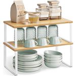 Casa si Gradina - Bucatarie si vesela - Organizare si depozitare bucatarie - Suporturi tacamuri si vase - Raft organizator condimente extensibil set 2 bucati, metal si PAL, suprapozabil, 39x19x15 cm, maro natur - Infinity.ro