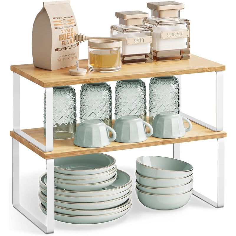 Casa si Gradina - Bucatarie si vesela - Organizare si depozitare bucatarie - Suporturi tacamuri si vase - Raft organizator condimente extensibil set 2 bucati, metal si PAL, suprapozabil, 39x19x15 cm, maro natur - Infinity.ro