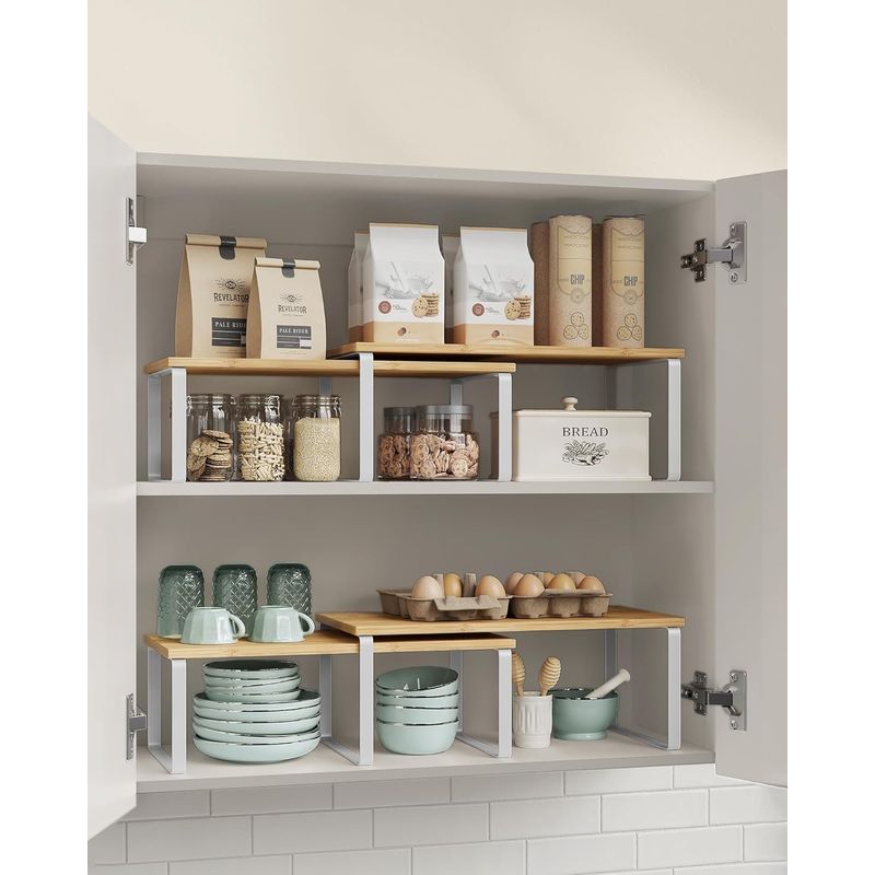 Casa si Gradina - Bucatarie si vesela - Organizare si depozitare bucatarie - Suporturi tacamuri si vase - Raft organizator condimente extensibil set 2 bucati, metal si PAL, suprapozabil, 39x19x15 cm, maro natur - Infinity.ro