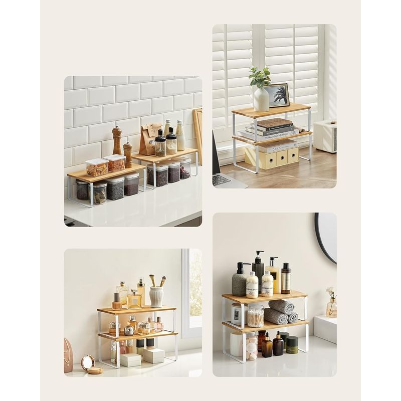 Casa si Gradina - Bucatarie si vesela - Organizare si depozitare bucatarie - Suporturi tacamuri si vase - Raft organizator condimente extensibil set 2 bucati, metal si PAL, suprapozabil, 39x19x15 cm, maro natur - Infinity.ro