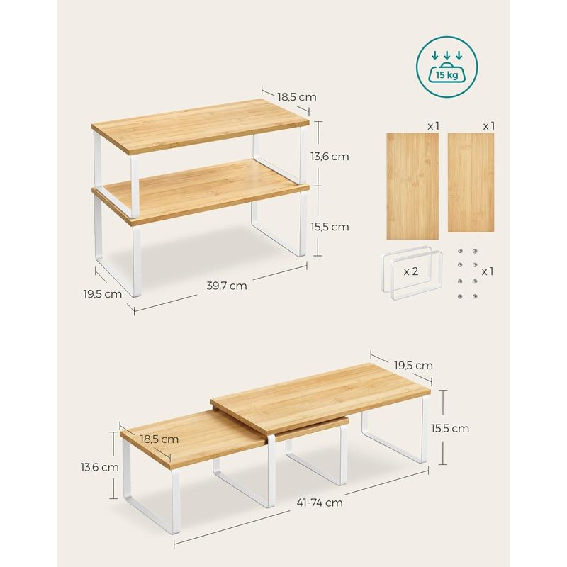 Casa si Gradina - Bucatarie si vesela - Organizare si depozitare bucatarie - Suporturi tacamuri si vase - Raft organizator condimente extensibil set 2 bucati, metal si PAL, suprapozabil, 39x19x15 cm, maro natur - Infinity.ro
