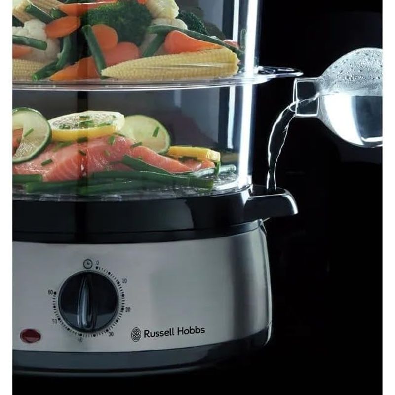 Electronice si Electrocasnice - Electrocasnice bucatarie - Aparate de gatit & desert - Aparate de gatit cu aburi - Aparat de gatit la aburi Russell Hobbs 19270-56 Cook@Home, 3 niveluri 9L, timer 60 min, 800W, bol orez 1L, Inox - Infinity.ro