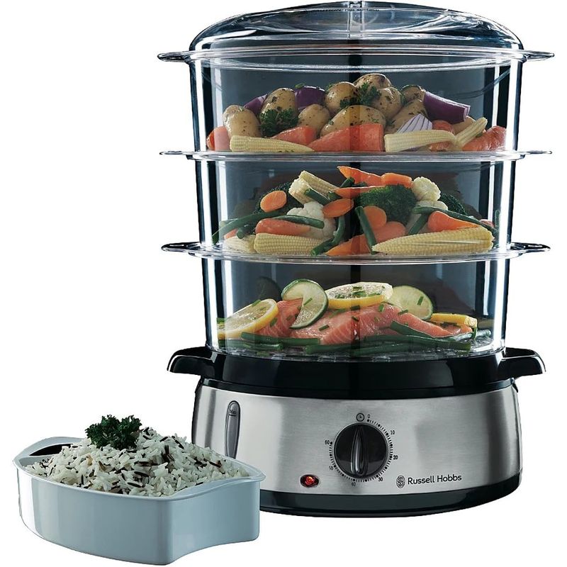 Electronice si Electrocasnice - Electrocasnice bucatarie - Aparate de gatit & desert - Aparate de gatit cu aburi - Aparat de gatit la aburi Russell Hobbs 19270-56 Cook@Home, 3 niveluri 9L, timer 60 min, 800W, bol orez 1L, Inox - Infinity.ro