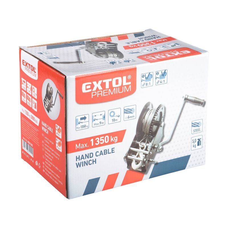 Auto si Moto - Reparatii si depanare - Scule auto - Echipamente de ridicare si sprijin - Troliu manual, EXTOL PREMIUM, 8861305, 1350kg, cablu din otel - Infinity.ro
