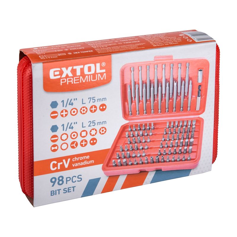 Casa si Gradina - Constructii - Scule electrice si accesorii - Seturi si accesorii pentru gaurit si insurubat - Set biti 98 buc, EXTOL PREMIUM, 8819649, 79 capete 25 mm, 17 capete 75 mm - Infinity.ro