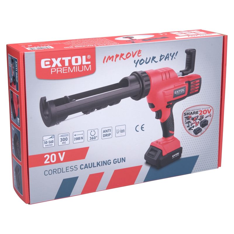Casa si Gradina - Constructii - Vopsea si tencuieli - Pistoale si sisteme de vopsit si tencuit - Pistol aplicare a siliconului fara fir, EXTOL, 20V, 8891864, 2000mAh, 2000N - Infinity.ro