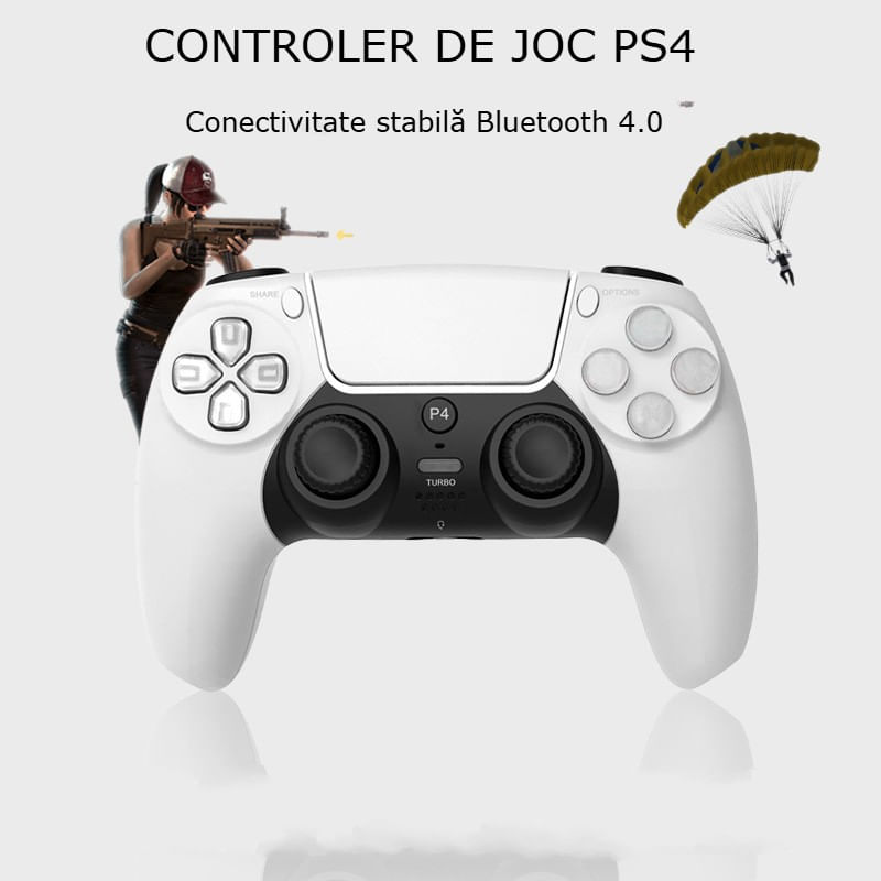 PC, gaming si accesorii - Gaming - Accesorii gaming - Controlere, Volane si Casti gaming - Controller Wireless PS4 GBV LOGIC, Gamepad Bluetooth,  Vibratii Duble,  LED Iluminat, Baterie 800mAh, Alb - Infinity.ro