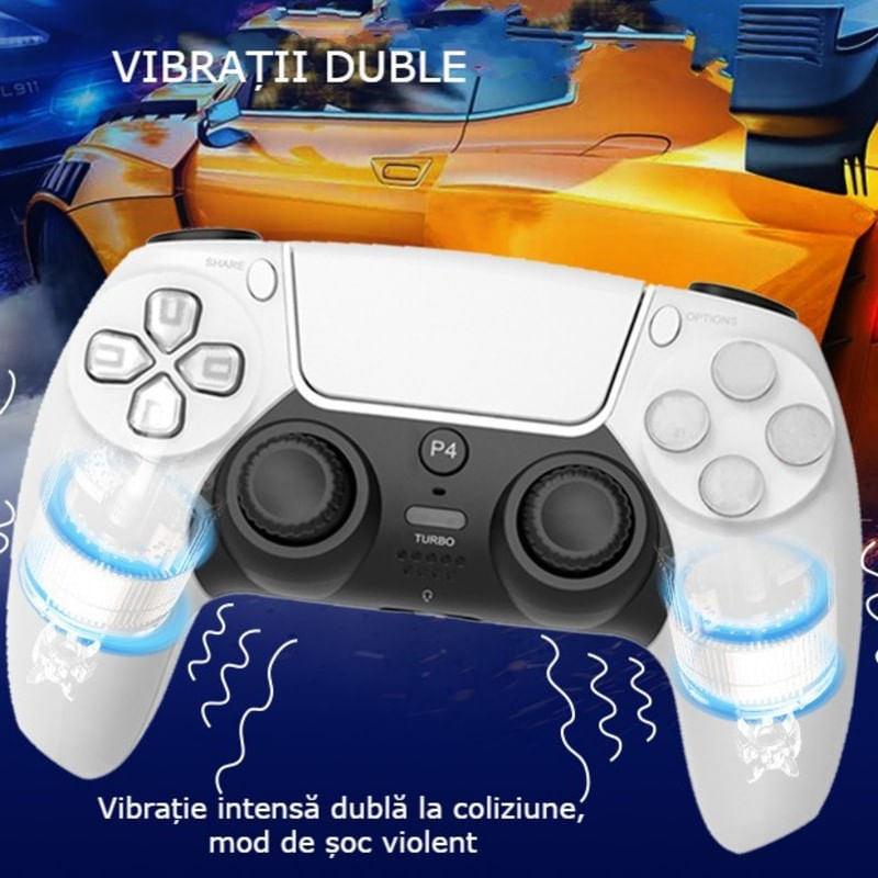 PC, gaming si accesorii - Gaming - Accesorii gaming - Controlere, Volane si Casti gaming - Controller Wireless PS4 GBV LOGIC, Gamepad Bluetooth,  Vibratii Duble,  LED Iluminat, Baterie 800mAh, Alb - Infinity.ro