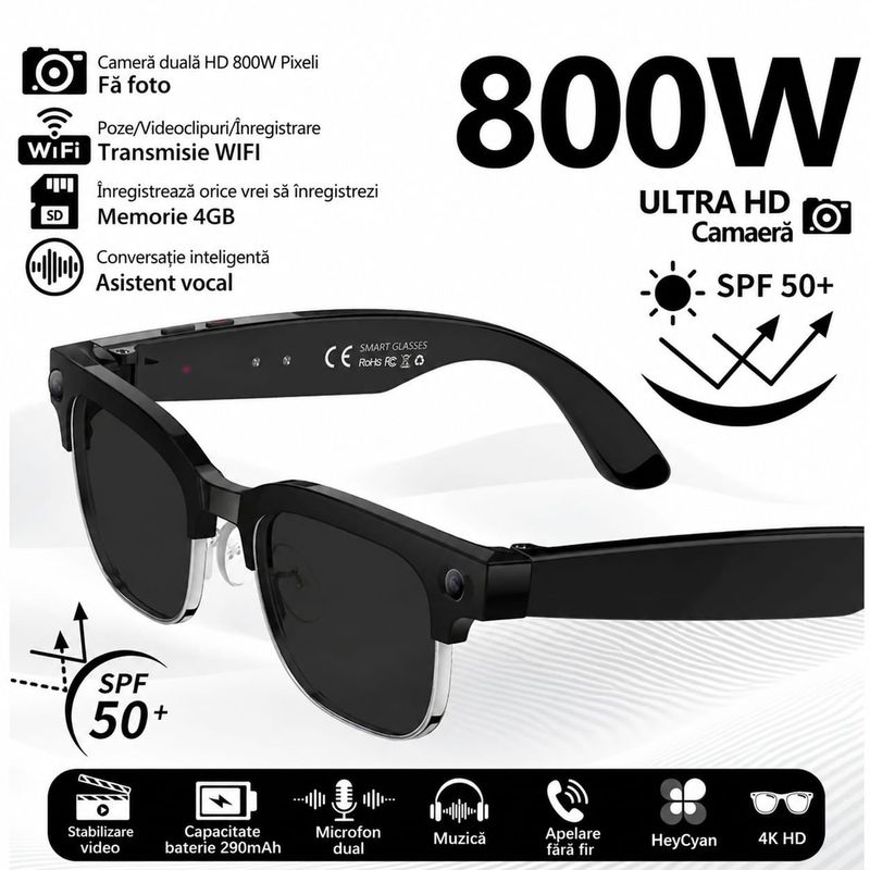 Fashion, accesorii si bijuterii - Barbati - Accesorii barbati - Ochelari de soare barbati - Ochelari Inteligenti AI GBV Logic,Camera Sony 8MP Full HD 1080P, Lentile heliomate,Difuzor si microfon incorporat - Infinity.ro