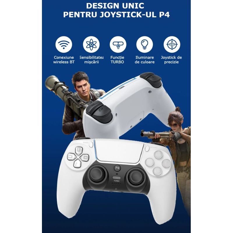 PC, gaming si accesorii - Gaming - Accesorii gaming - Controlere, Volane si Casti gaming - Controller Wireless PS4 GBV LOGIC, Gamepad Bluetooth,  Vibratii Duble,  LED Iluminat, Baterie 800mAh, Alb - Infinity.ro